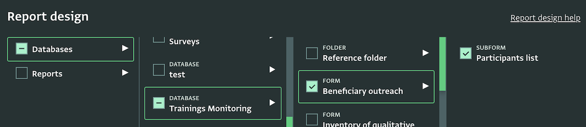 Report design: selecting forms
