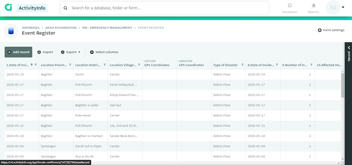 Table view in ActivityInfo for data collection for Emergency Management - Event Registers