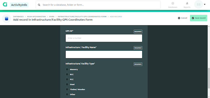 Data collection form in ActivityInfo for Hazard Vulnerability Risk Assessment (HVRA) - Infrastructures