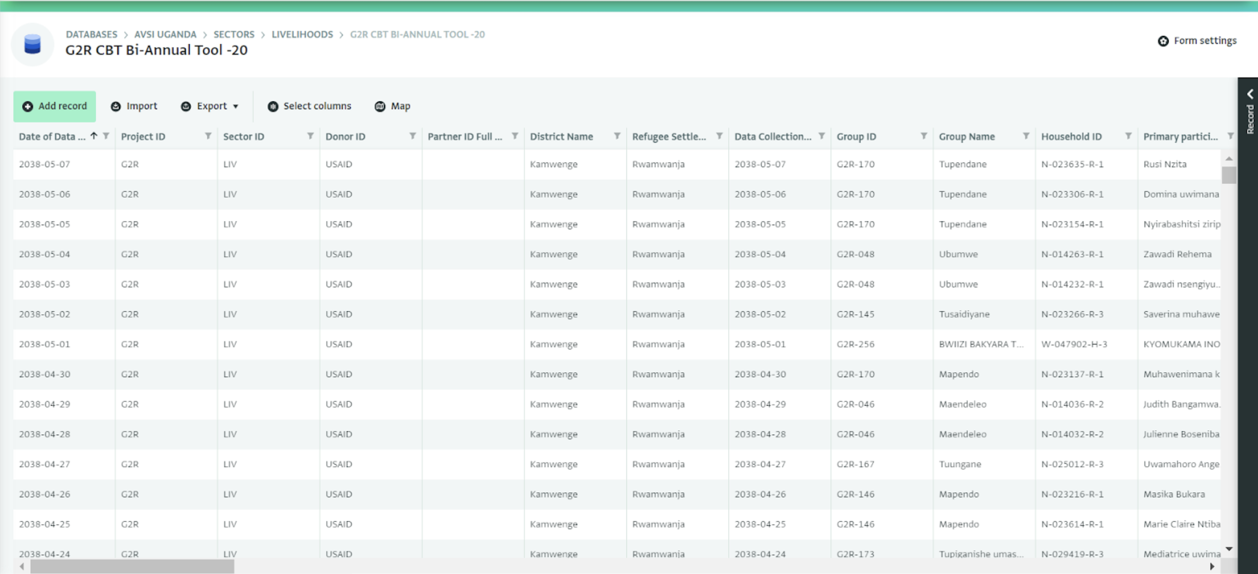 ActivityInfo Table View: Example of Data Entry View for CBT Bi-Annual Tool in ActivityInfo