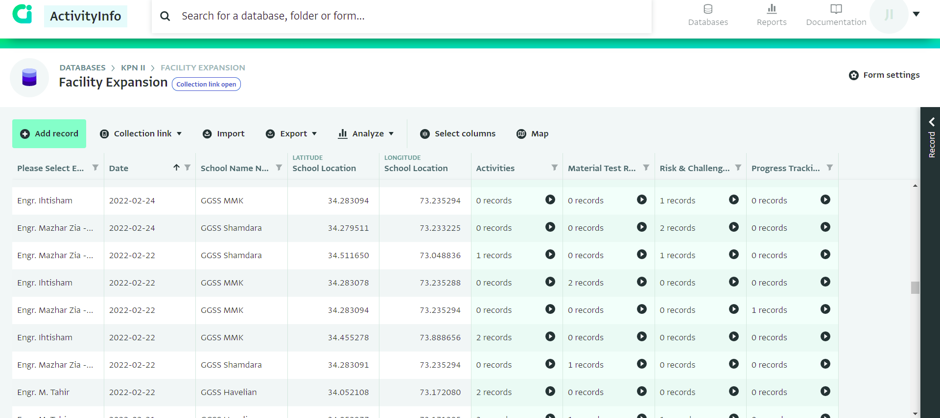 Table view in ActivityInfo for data collection for Progress Against Facility Expansion