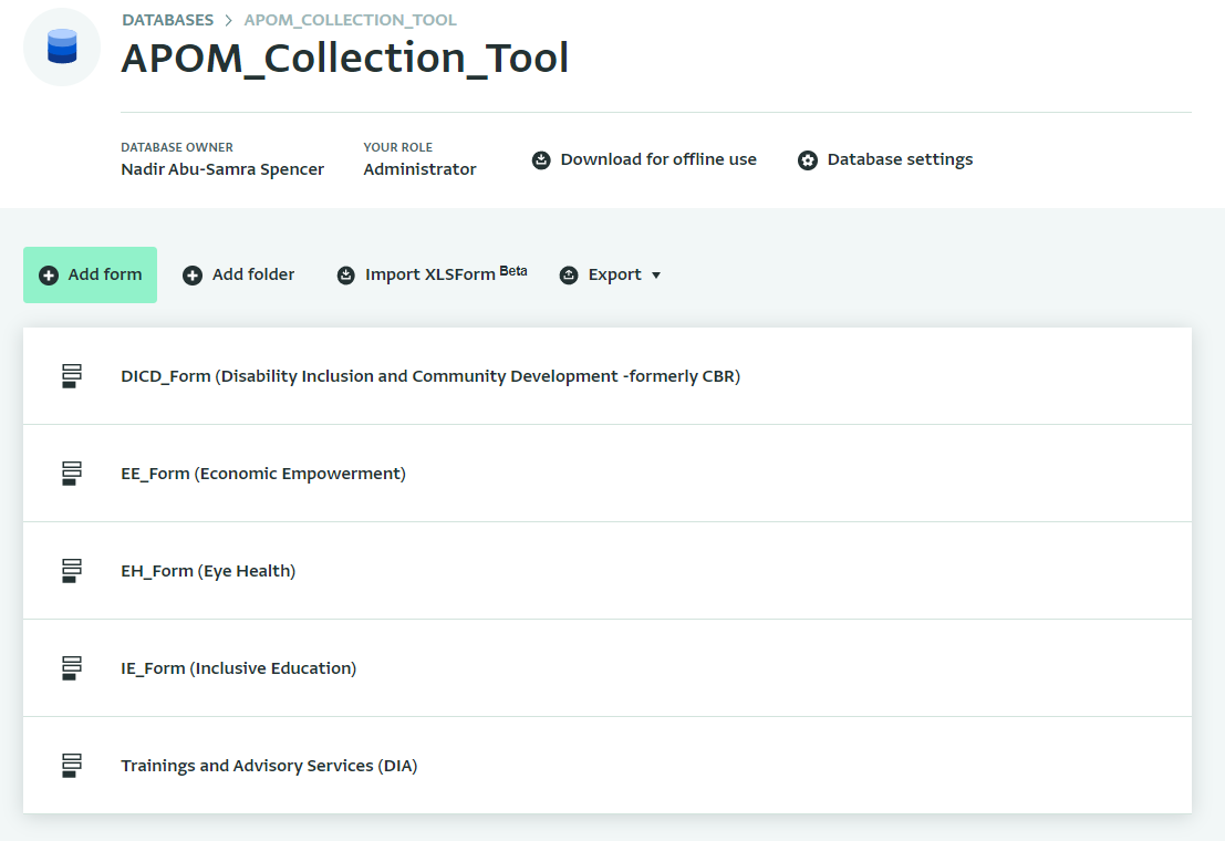 Overview of the different thematic forms used to collect output data on a global portfolio level as part of the APOM system