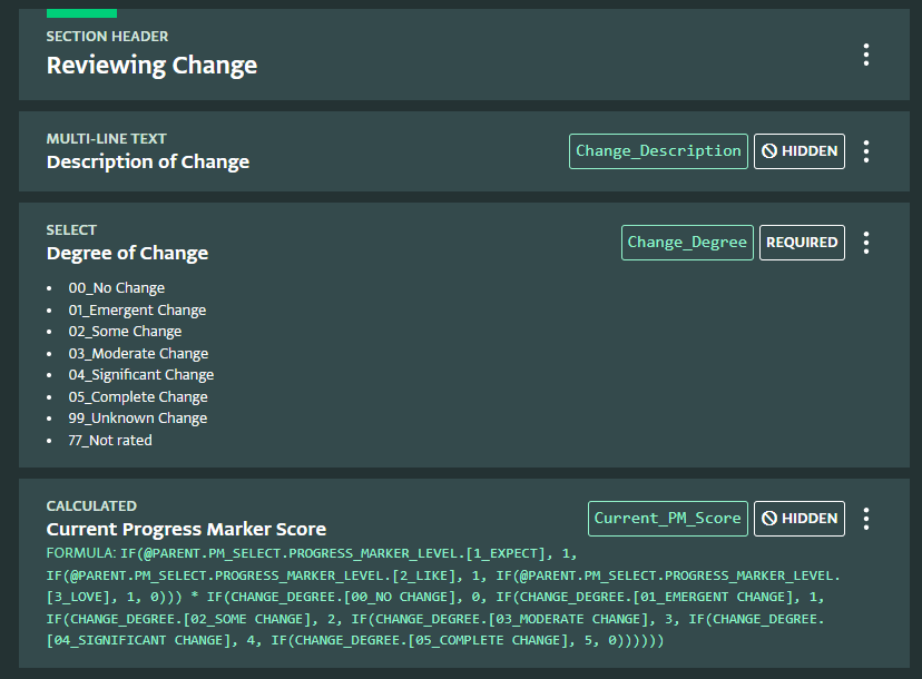 Part of the form structure of the SCOM monitoring form, with the detail showing the degrees of change of progress markers, converted into a numeric value used for further aggregation and analysis in R and Power BI