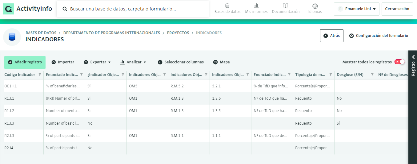 Gestión de proyectos e informes de indicadores: Captura de indicadores, Vista de Tabla en ActivityInfo