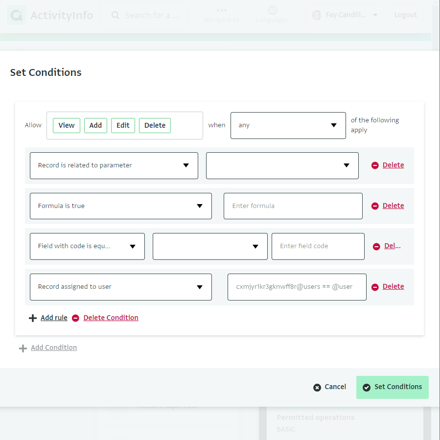 Screenshot of condition based permissions