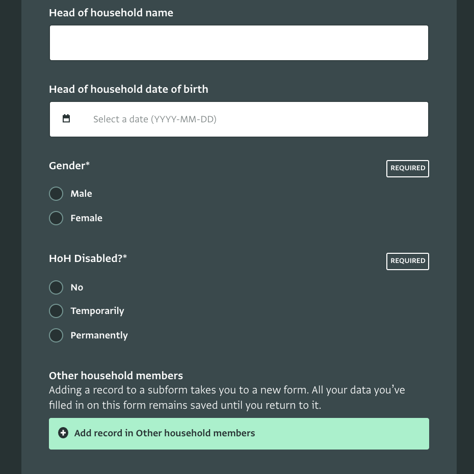 Screenshot of a data collection form.