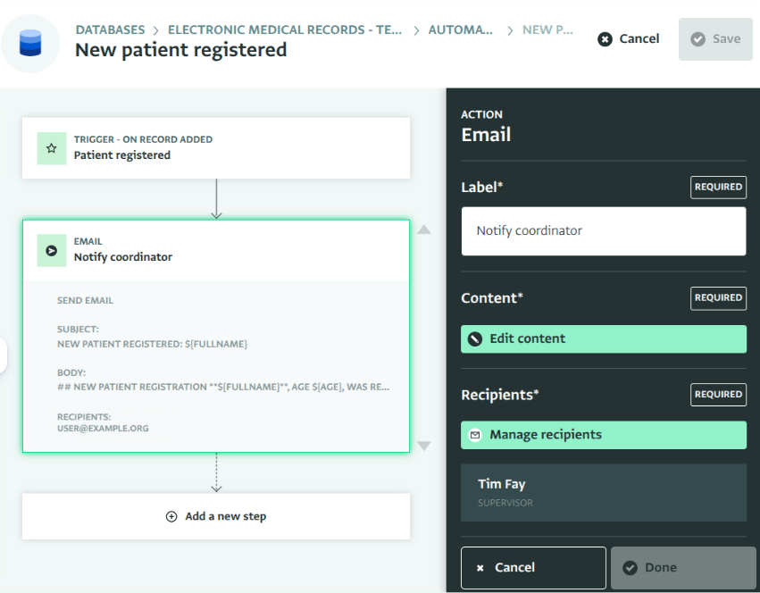 Screenshot of a workflow for sending email notifications