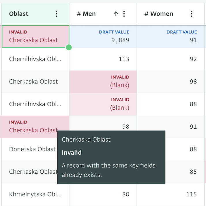 Screenshot of interactive table with records to clean