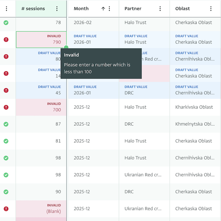 Screenshot of interactive table with records with warnings