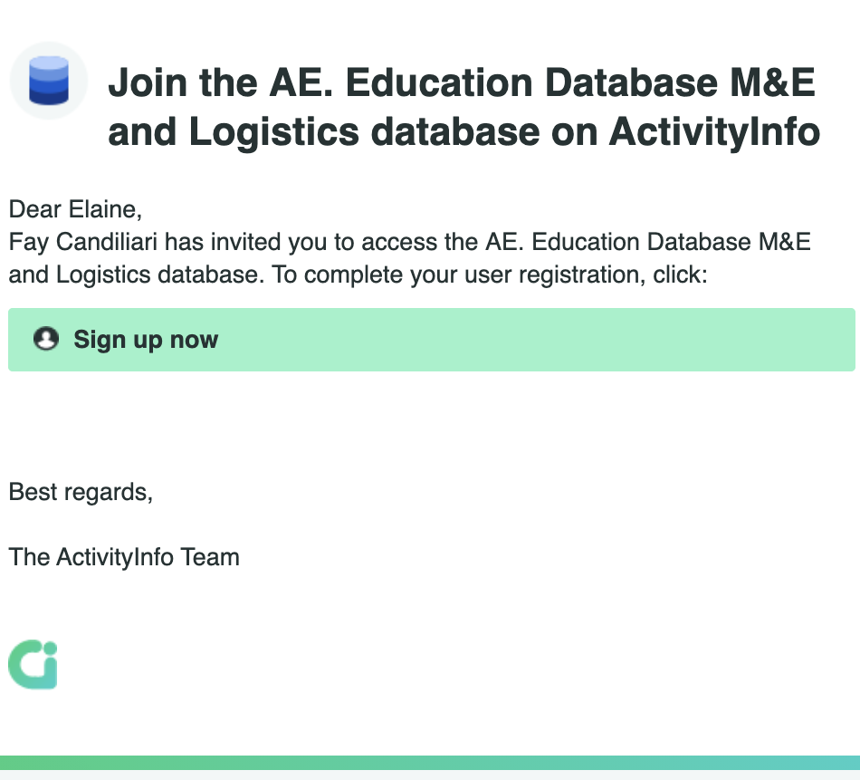 Screenshot of invitation to a database
