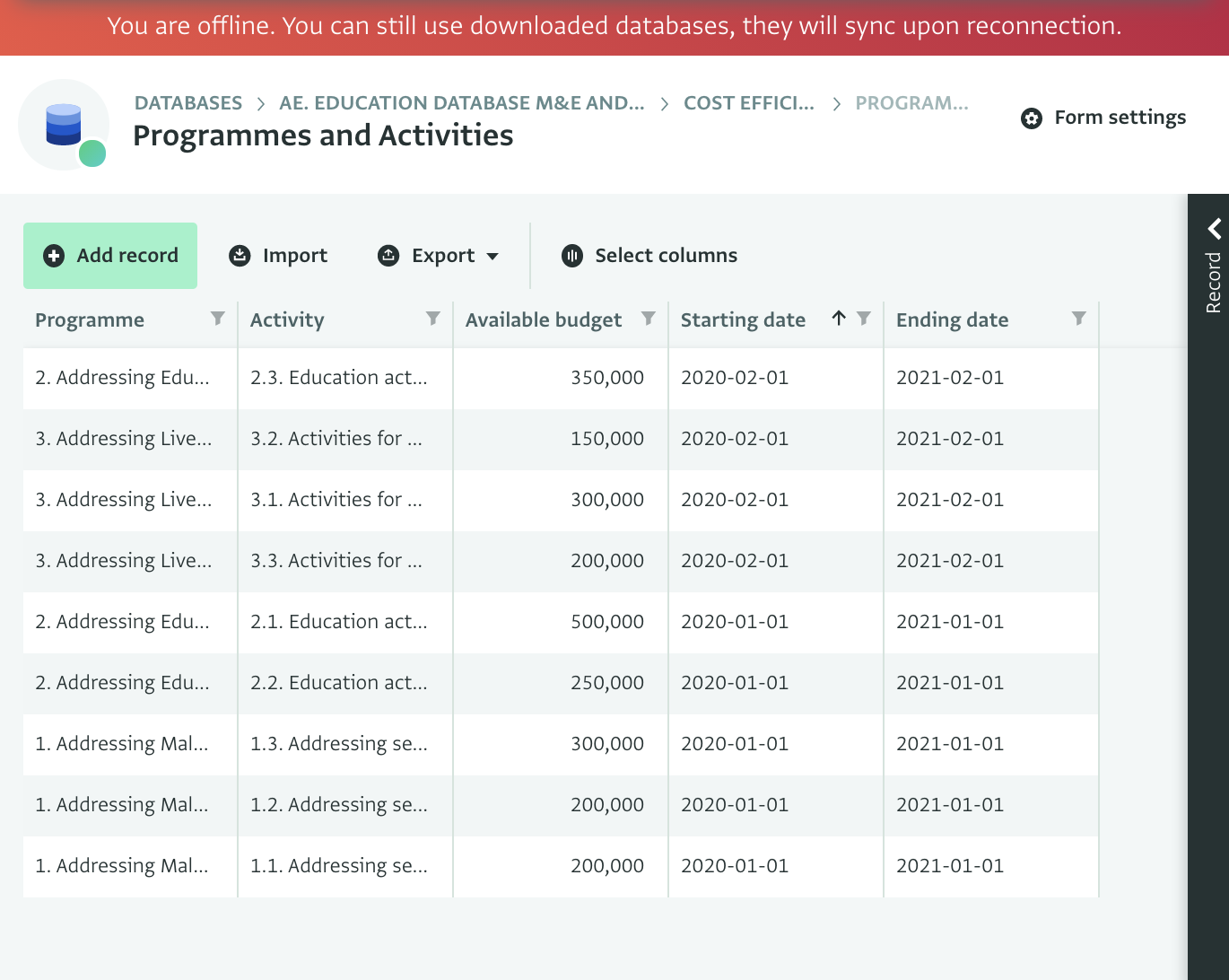 Screenshot of offline data collection