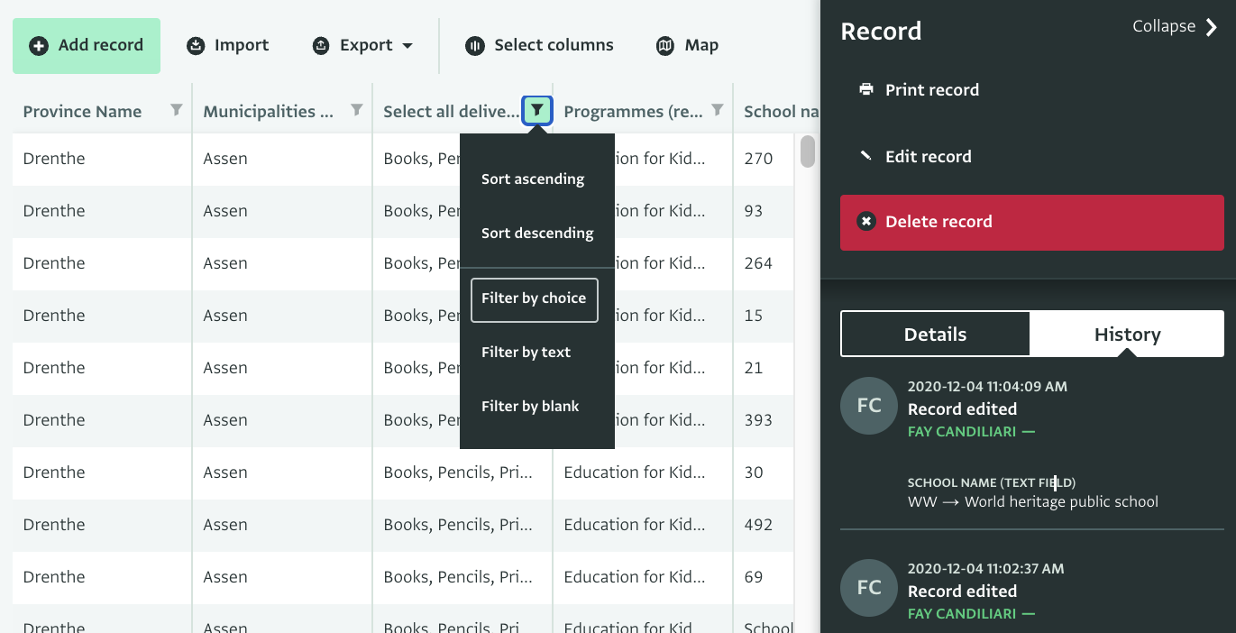 Screenshot of the table view page and history details