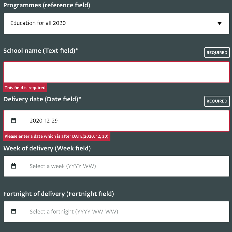 Screenshot of data entry form warnings