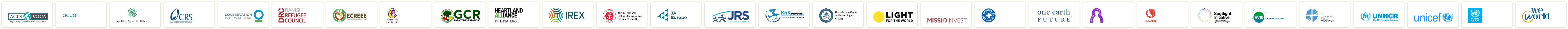 Customer logos of ACDI/VOCA, Adyan Foundation, Aga Khan Agency for Habitat, Catholic Relief Services, Conservation International (CI), ...