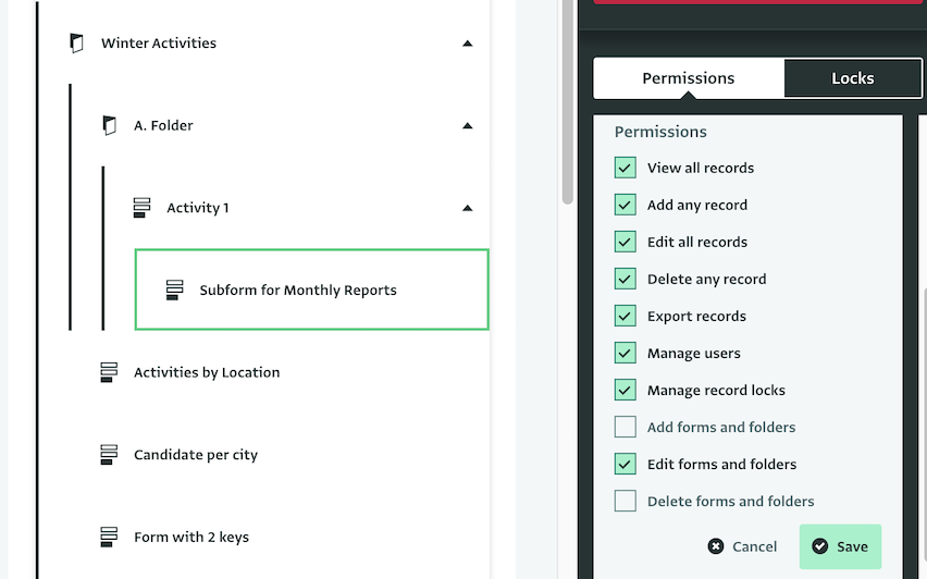 Give permissions for specific folders, forms or subforms