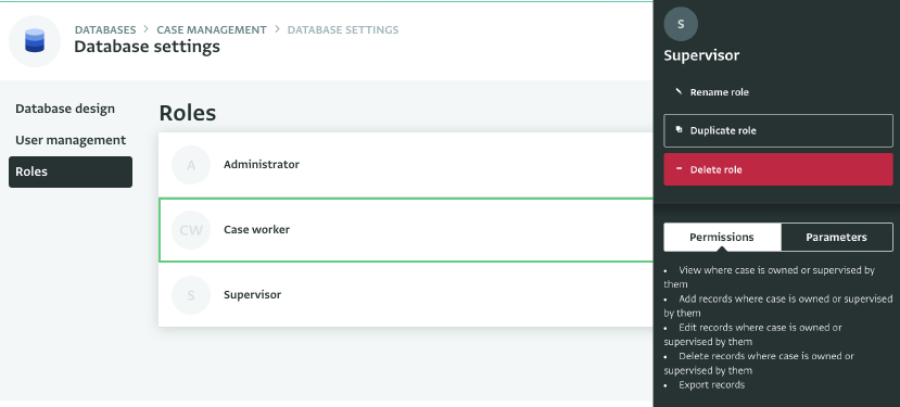 Roles and permissions in the case management database