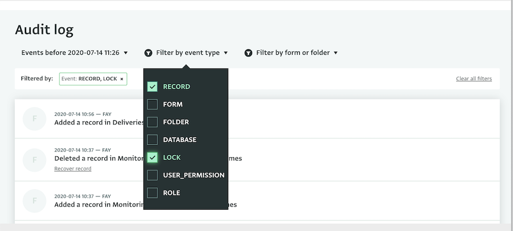 Filtering by event type