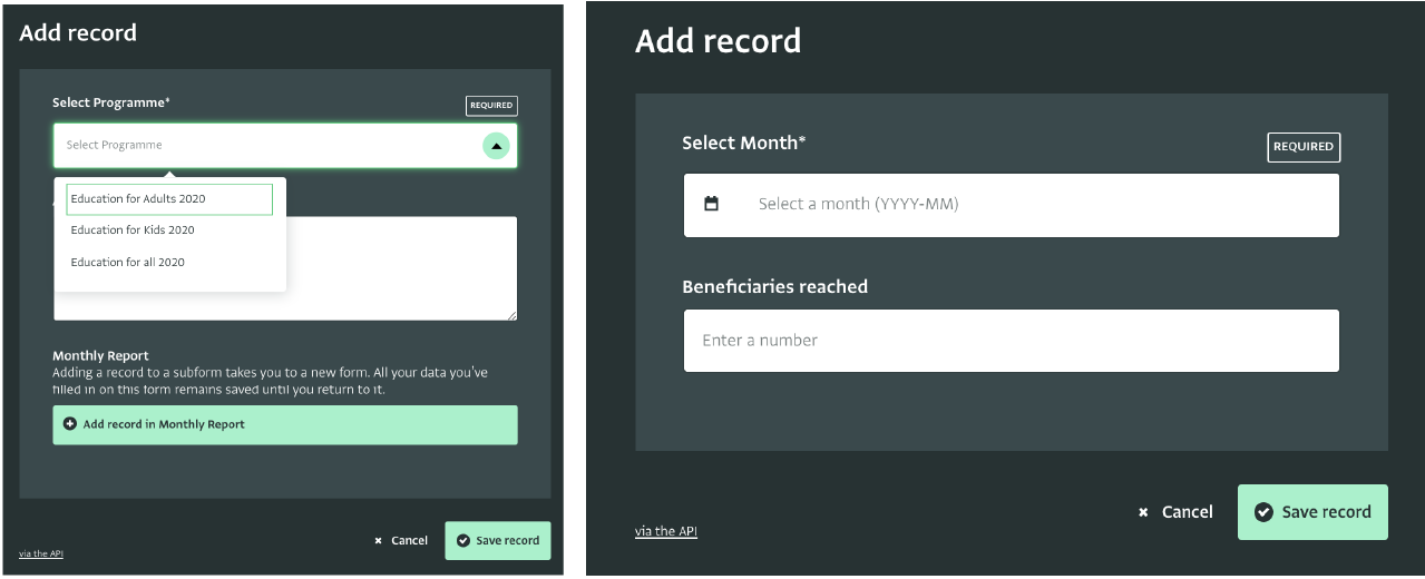  Form with subform: “Select Programme” is a key field