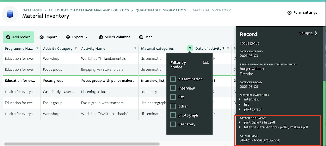 Inventory of qualitative material