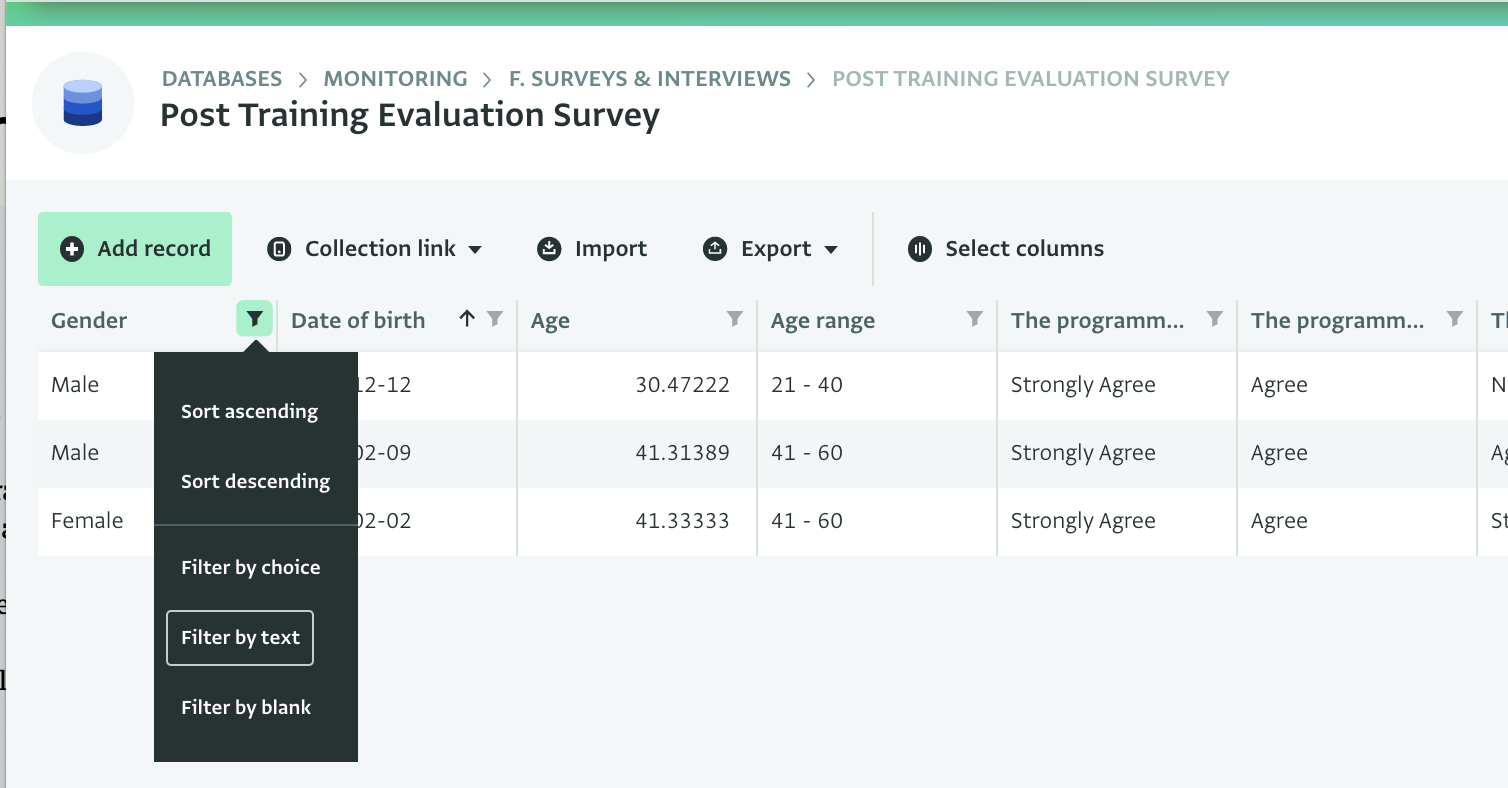 Table view: sorting and filtering records