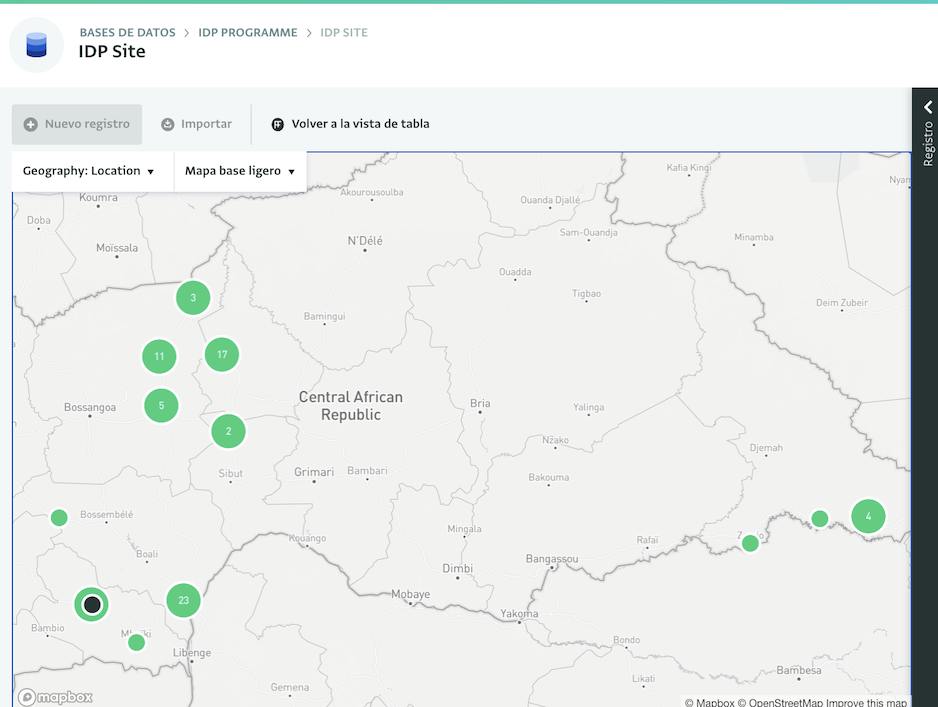 Vista de mapa del formulario de sitios de desplazados internos