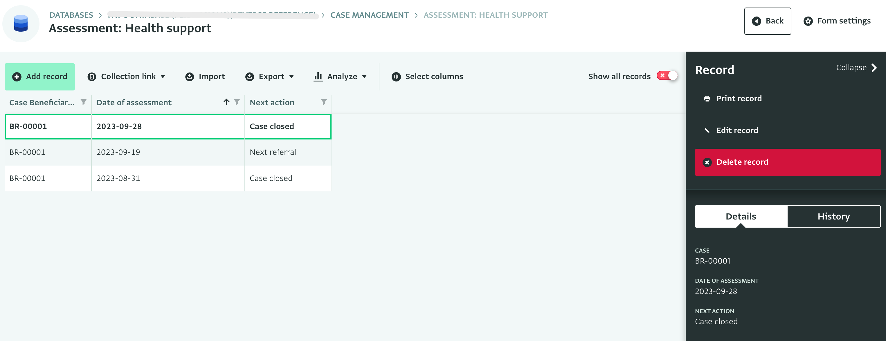 Viewing records related to a case for a specific Assessment