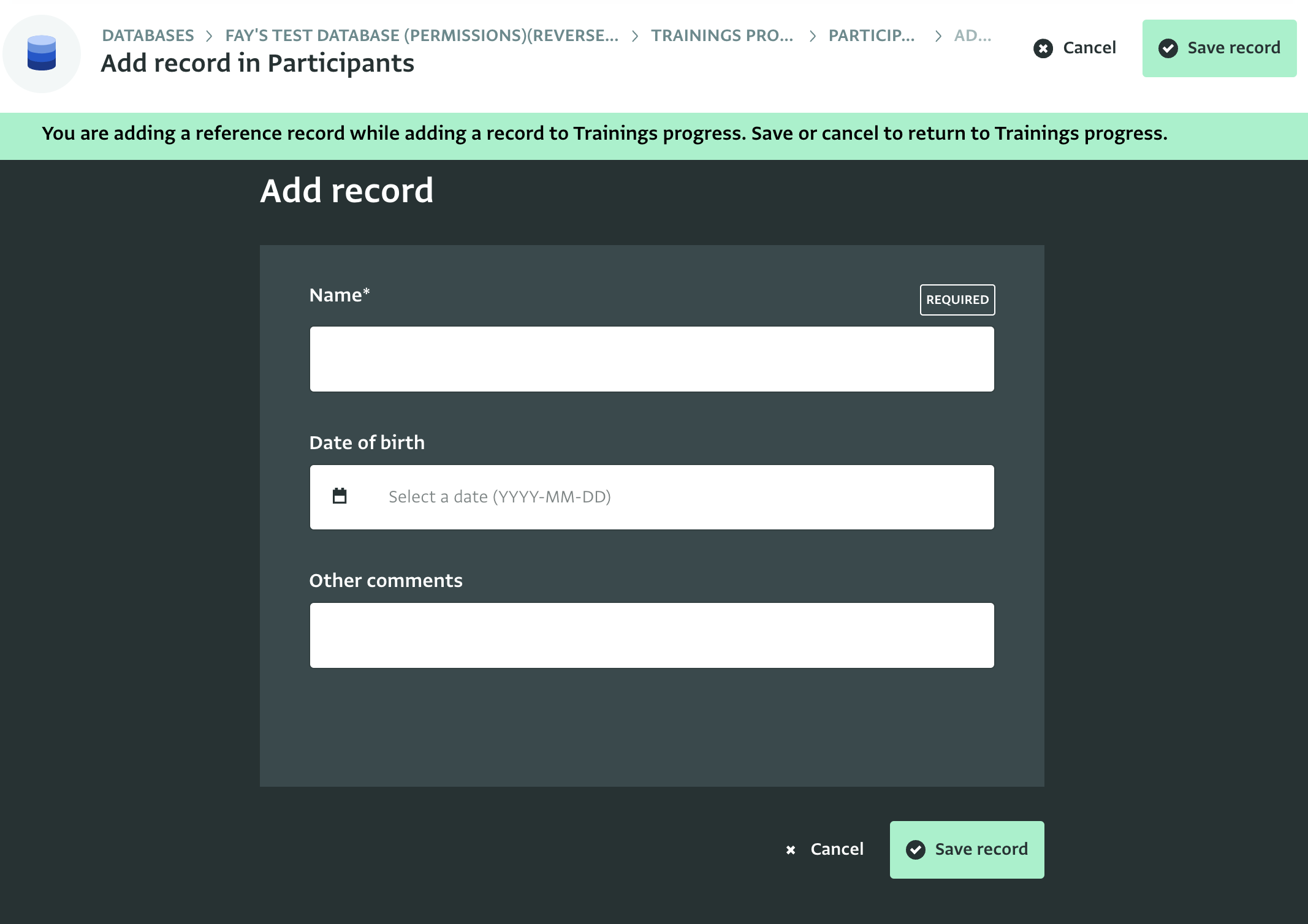 Adding an in-place reference record directly to the reference form