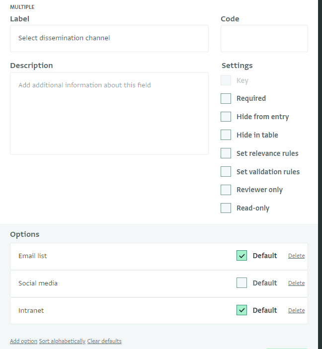 Default values for Multiple Select field