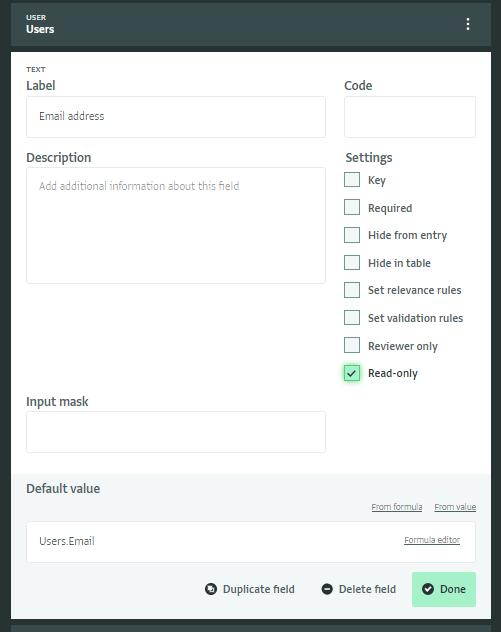 Form design: Bringing in the data entry form the email address of the selected user using a default value based on a formula