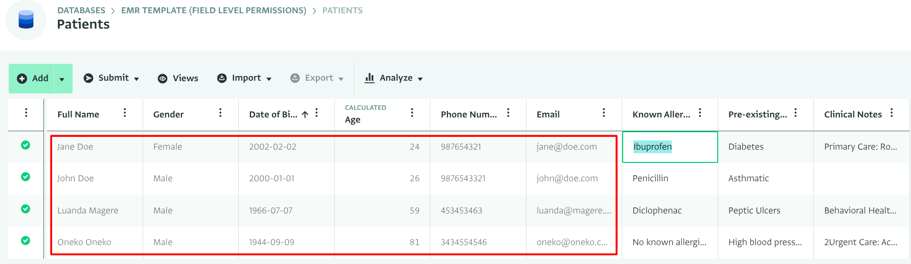 Editable and non-editable fields in table view.