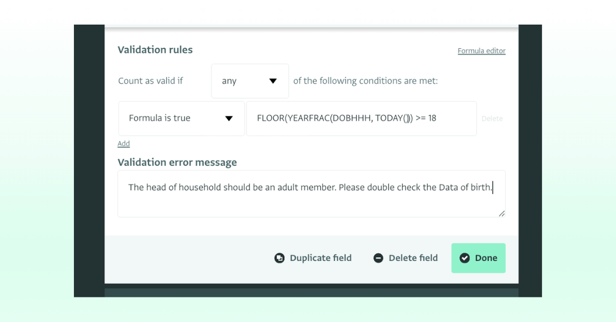 Adding a custom error message in validation rules in form design