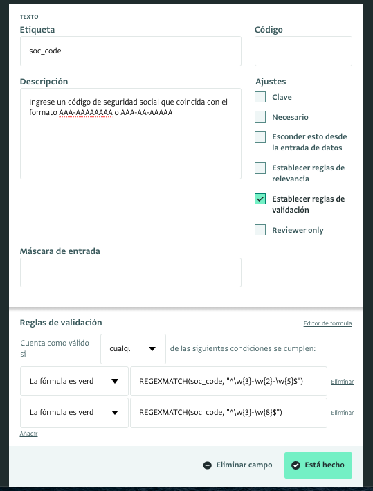 Regla de validación y campo de descripción en el diseño del formulario