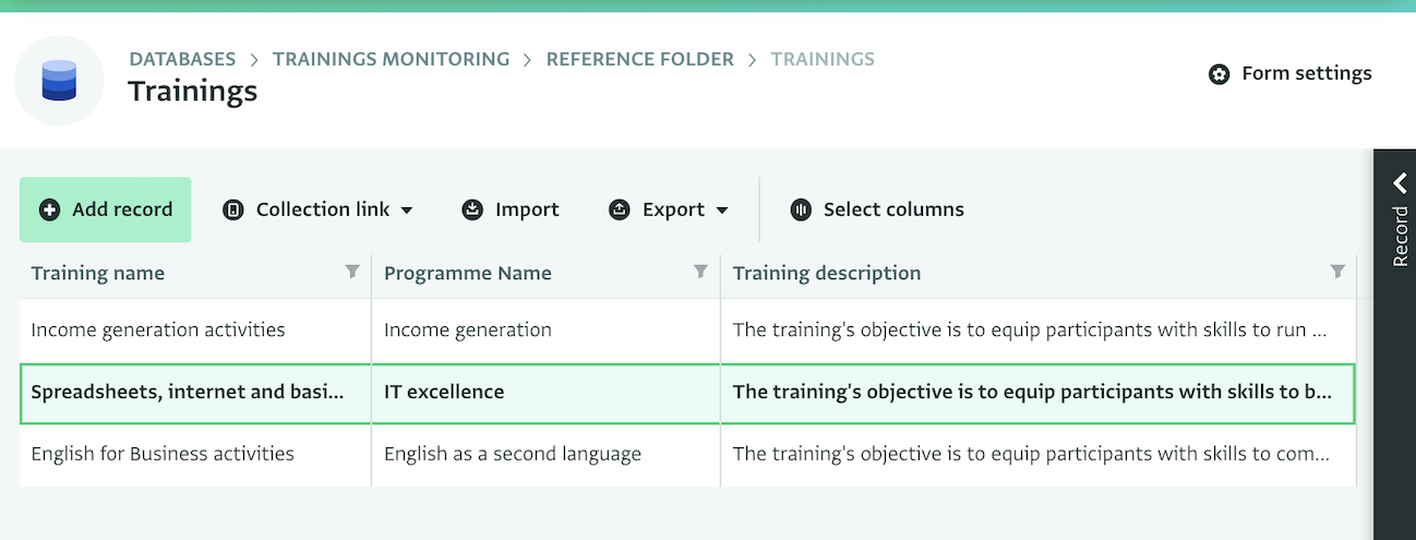 Reference form Table View: Trainings and Programmes