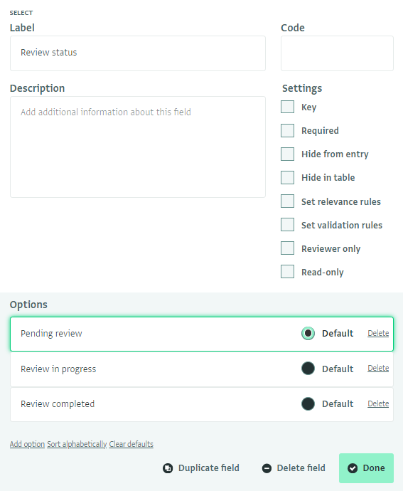 Defining the first stage of a review workflow as the default value