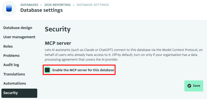 Disable the MCP Server for this database