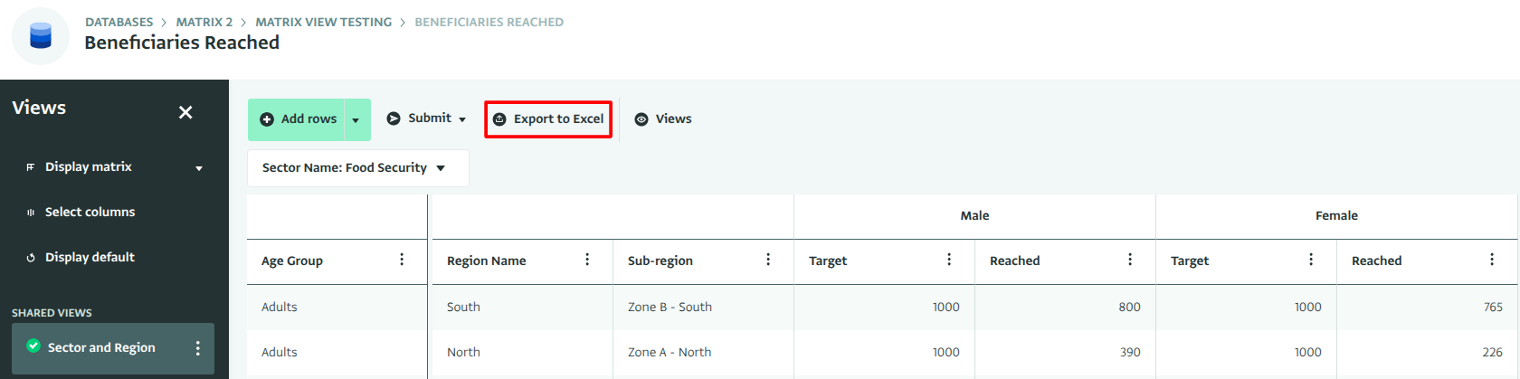 Export matrix to excel