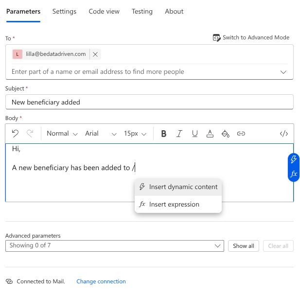 Adding dynamic expressions to the email template