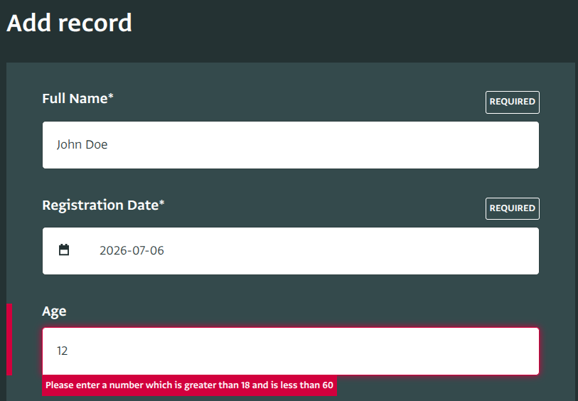 Validation error in data entry