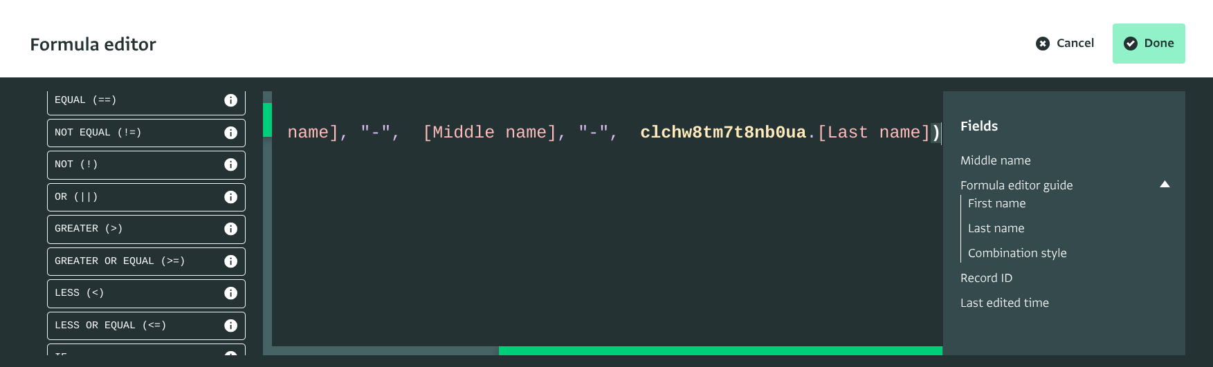 Selected Fields are added to the Formula