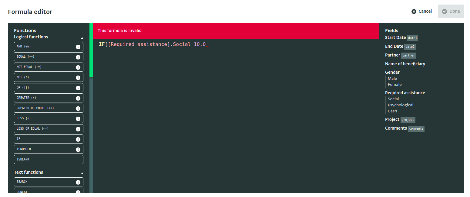 Invalid Formula, Done button disabled