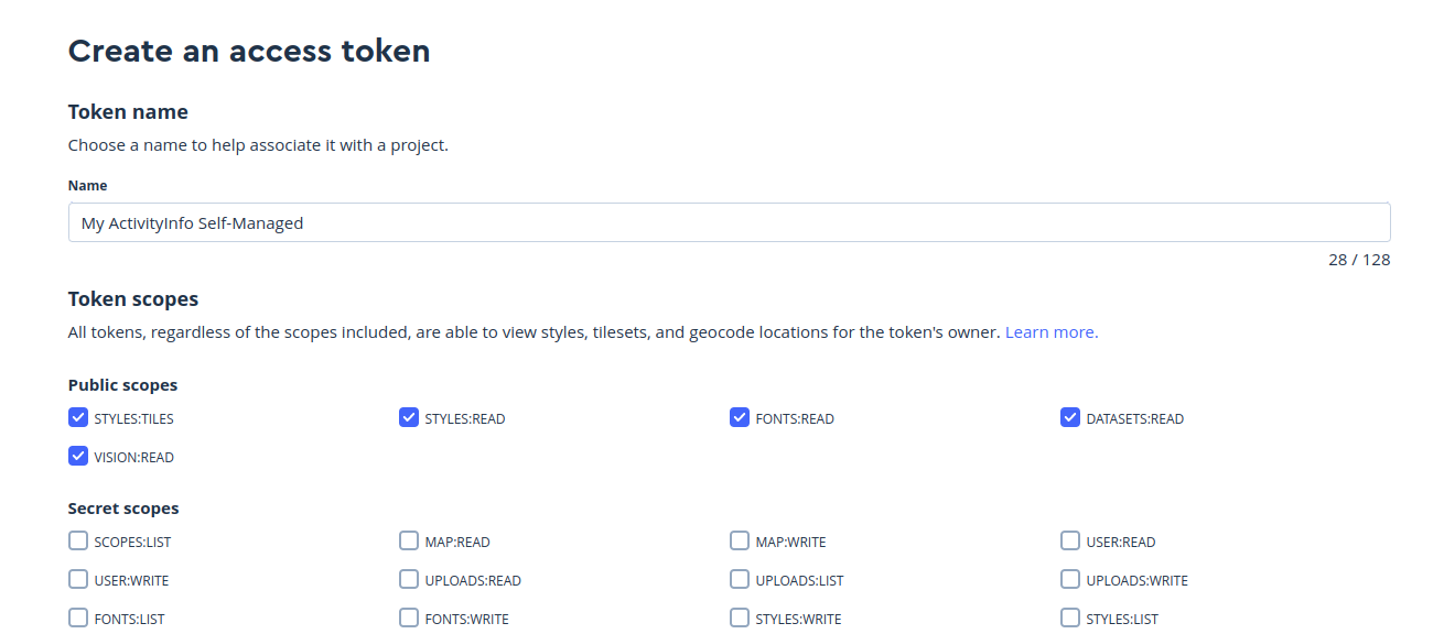 Screenshot creating an access token