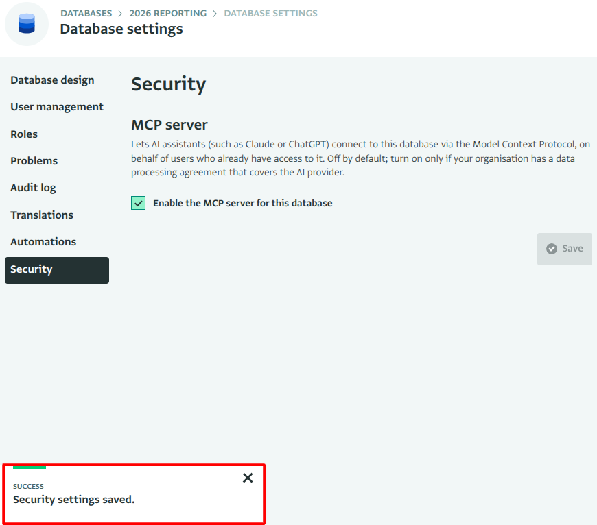 Security settings changed