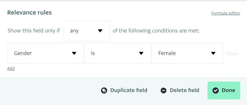 Relevance rule parameters specified in the Field editor
