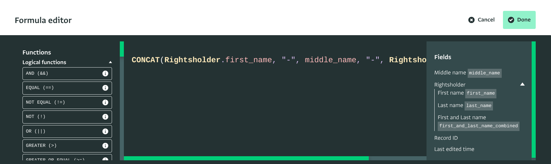 Formula editor with Code fields filled out