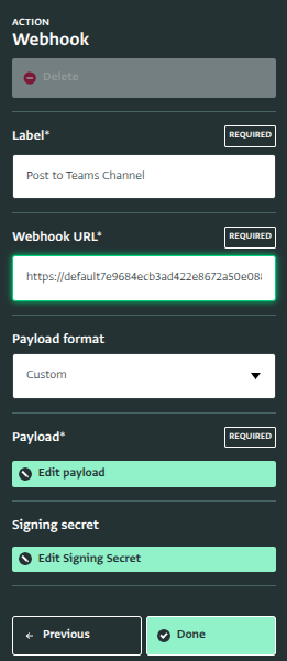 Label, webhook and payload format