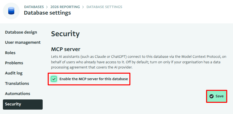 Enable the MCP Server for this database