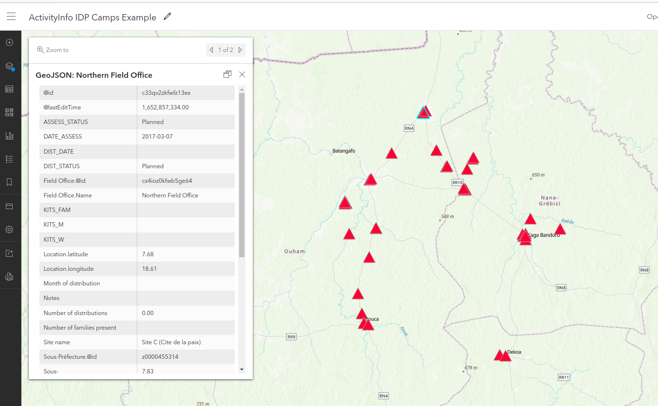 Screenshot of ArcGIS Online with data from ActivityInfo