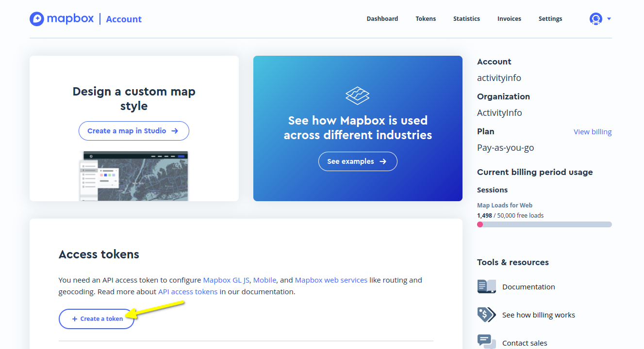 Screenshot of Mapbox account section