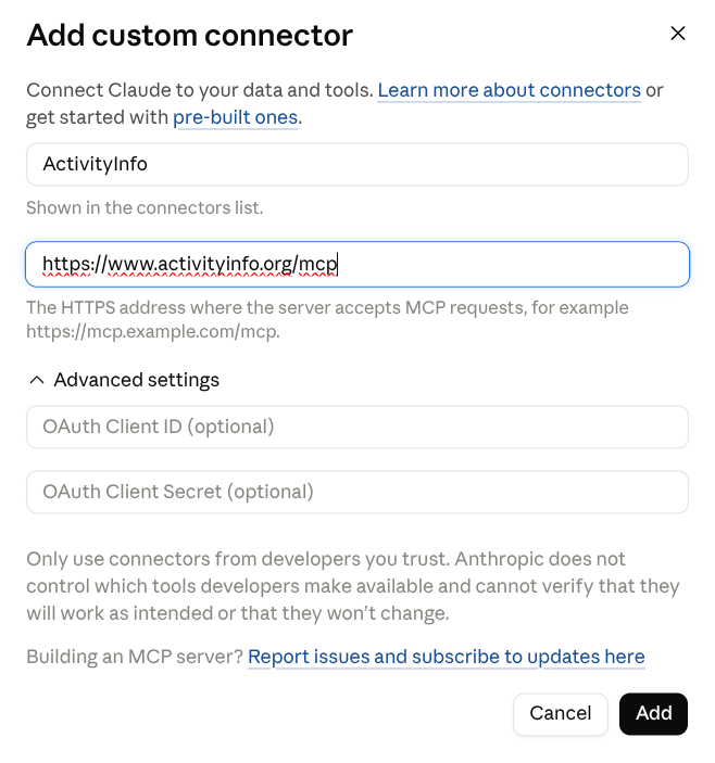 Add ActivityInfo custom connector