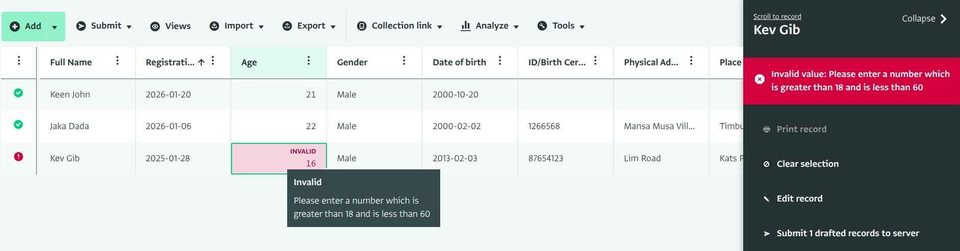Validation error in the interactive table